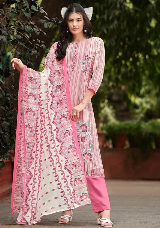 Unstitched Suit Printed Cotton Top With Plain Bottom