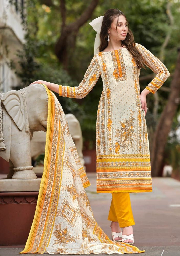 Unstitched Suit Printed Cotton Top With Plain Bottom