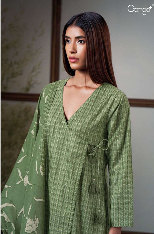 Green colour Unstitched Suit with printed cotton dupatta