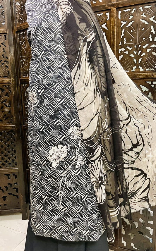 Printed Cotton Unstitched Suit in black and white