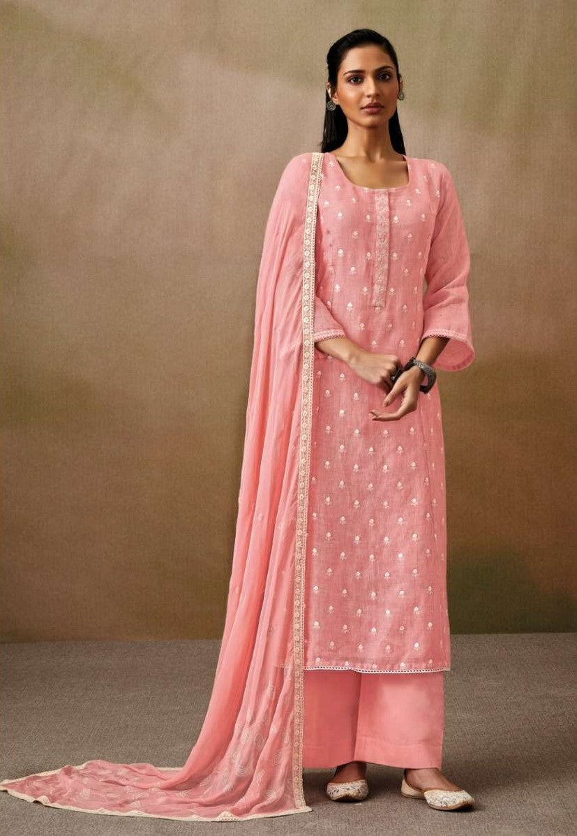 Pink Branded Pure linen Unstitched Suit With Pure Chiffron Dupatta