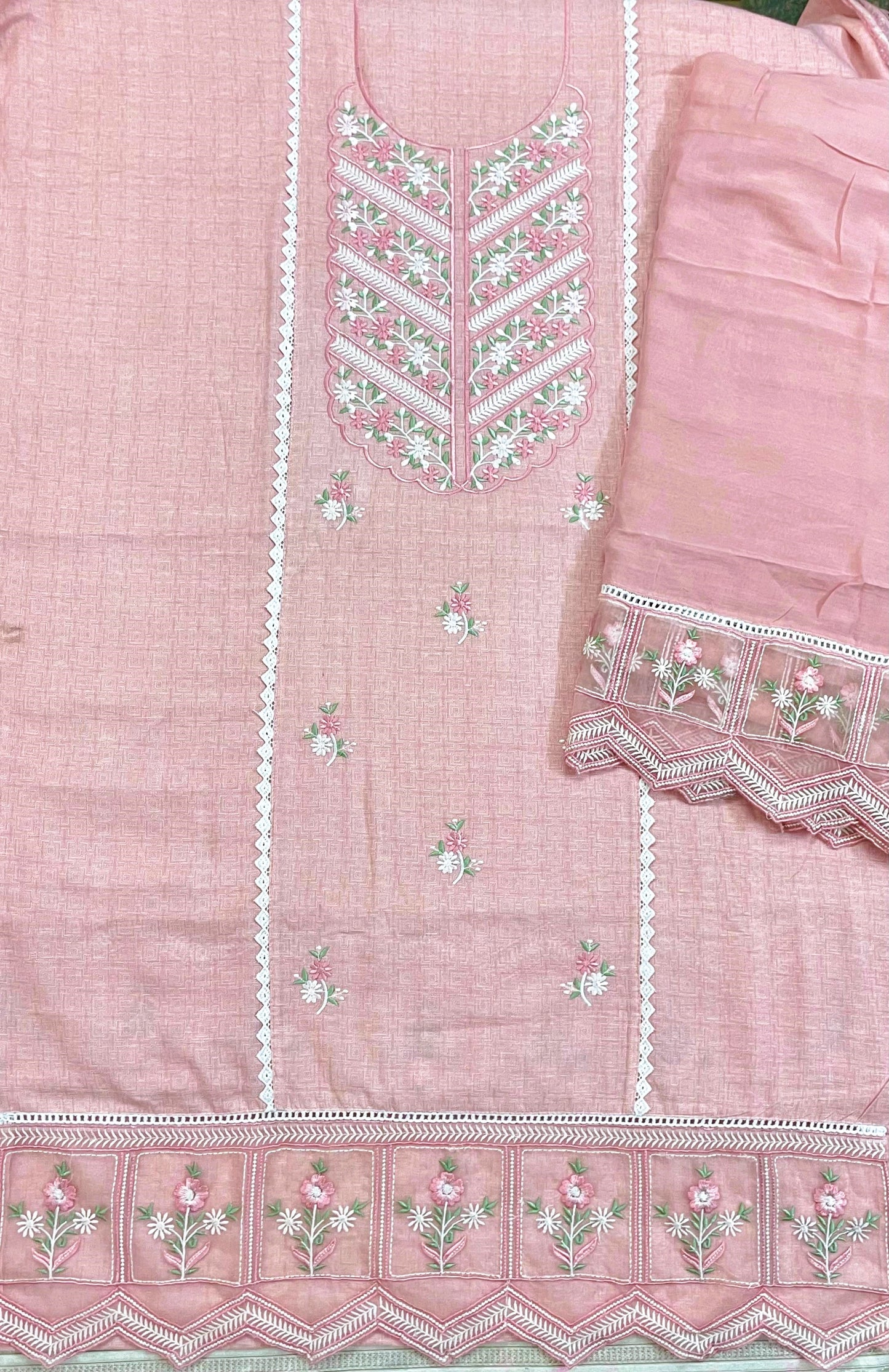 Unstitched Selfprint Pure Linen Embroidered Suit , Organza Embroidered Ghera On Front And Back,