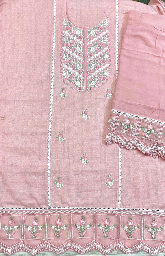 Unstitched Selfprint Pure Linen Embroidered Suit , Organza Embroidered Ghera On Front And Back,