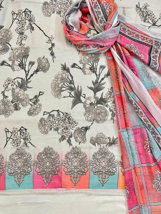 Unstitched Printed Linen Suit, Solid Bottom, Printed Multicoloured Chiffon Dupatta