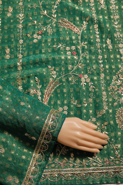 Unstitched Shimmer Suit With Beautiful Handwork In Dabka And Pearls On Full Front And Sleeves