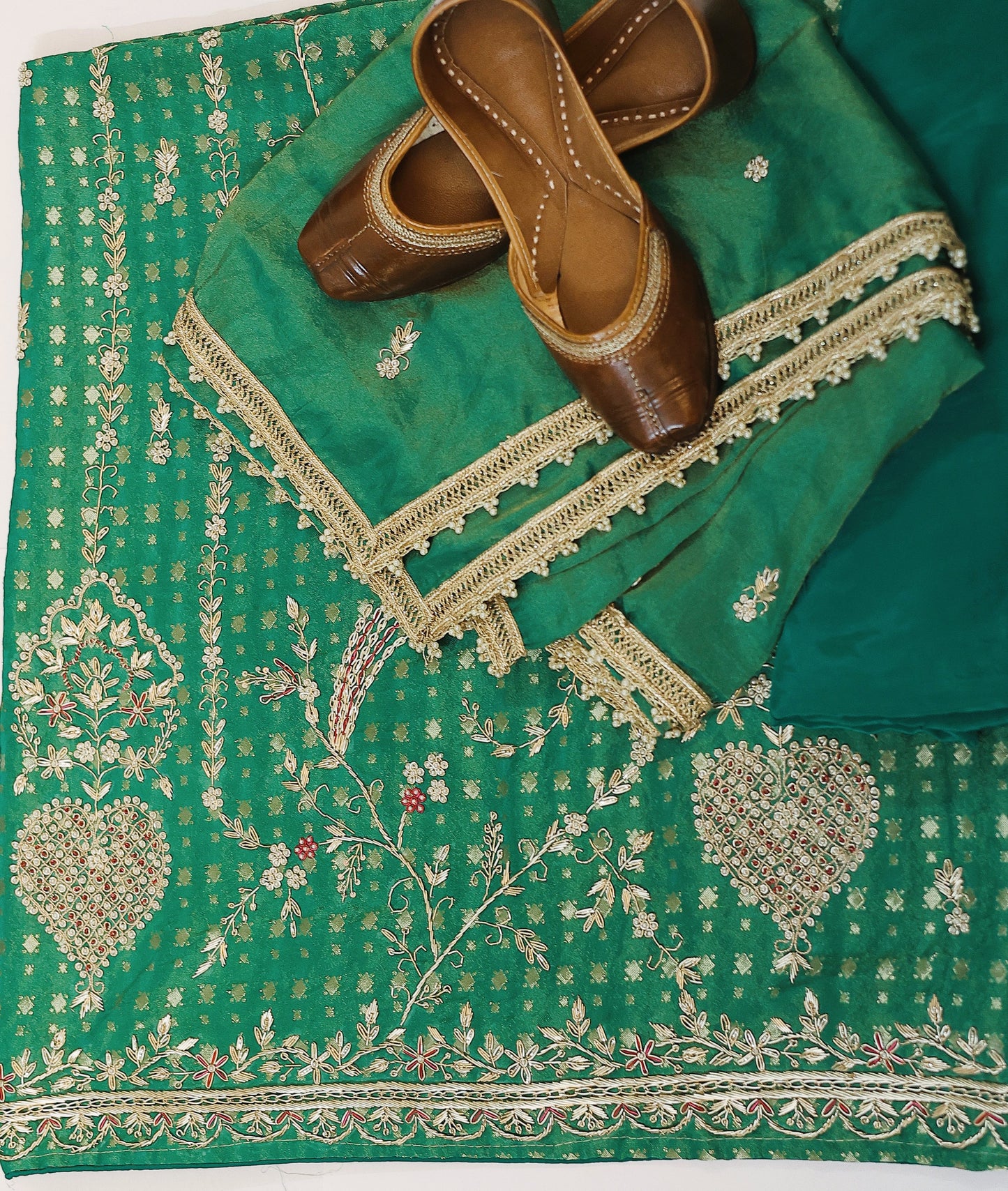 Unstitched Shimmer Suit With Beautiful Handwork In Dabka And Pearls On Full Front And Sleeves