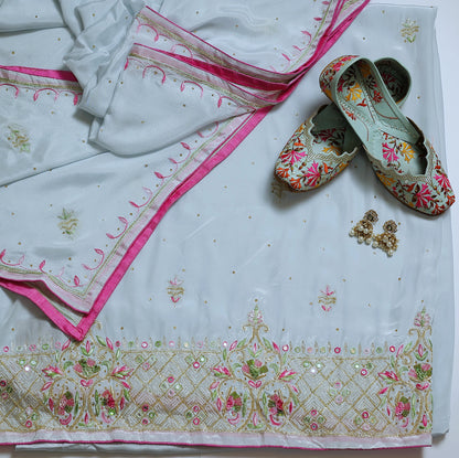 Unstitched Natural Crepe Suit With Handwork And Aariwork On Ghera