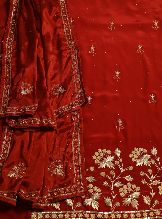 Unstitched Natural Crepe Suit With Aari And Pearlwork On Ghera