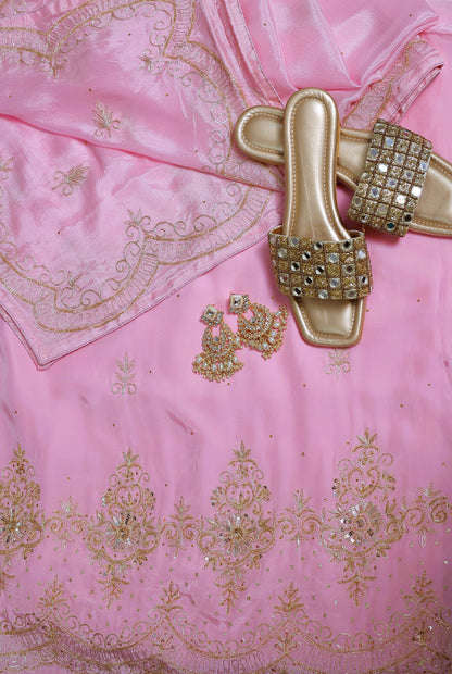 Unstitched Natural Crepe Suit With Handwork And Aariwork On Ghera