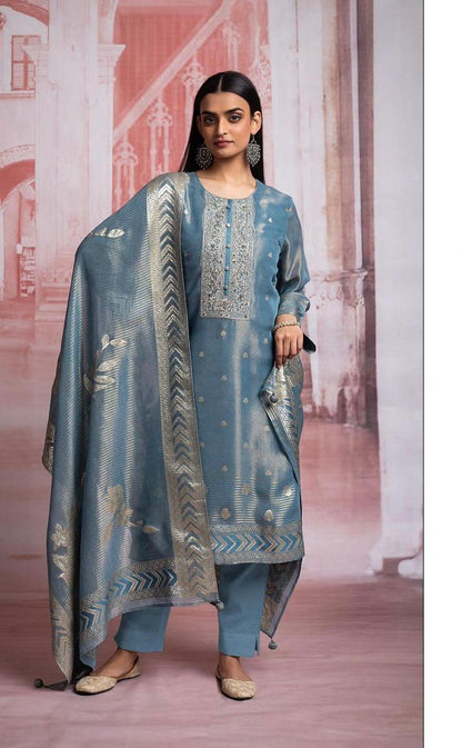 Tissue Silk Suit with Embroidery & Tassel Dupatta