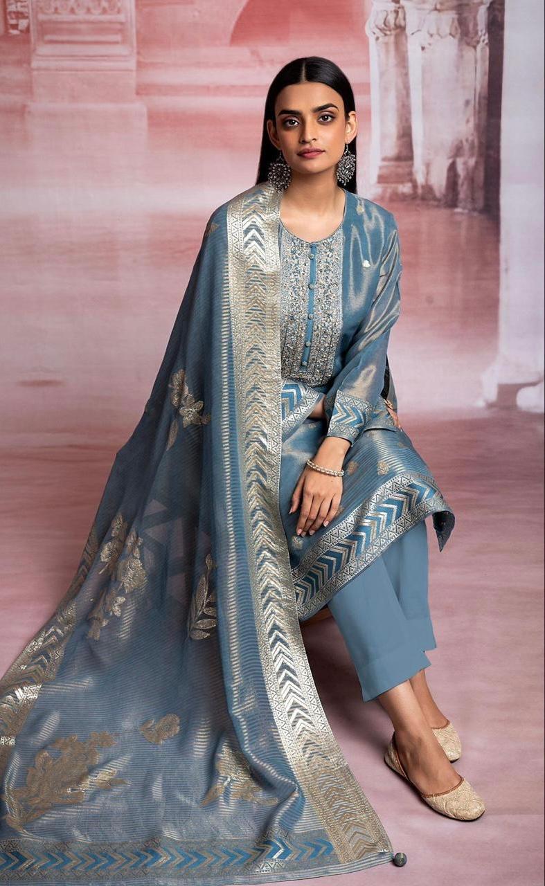 Tissue Silk Suit with Embroidery & Tassel Dupatta