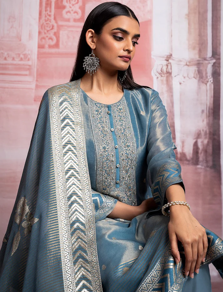 Tissue Silk Suit with Embroidery & Tassel Dupatta