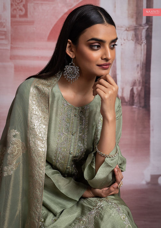 Embroidered Solid Silk Suit