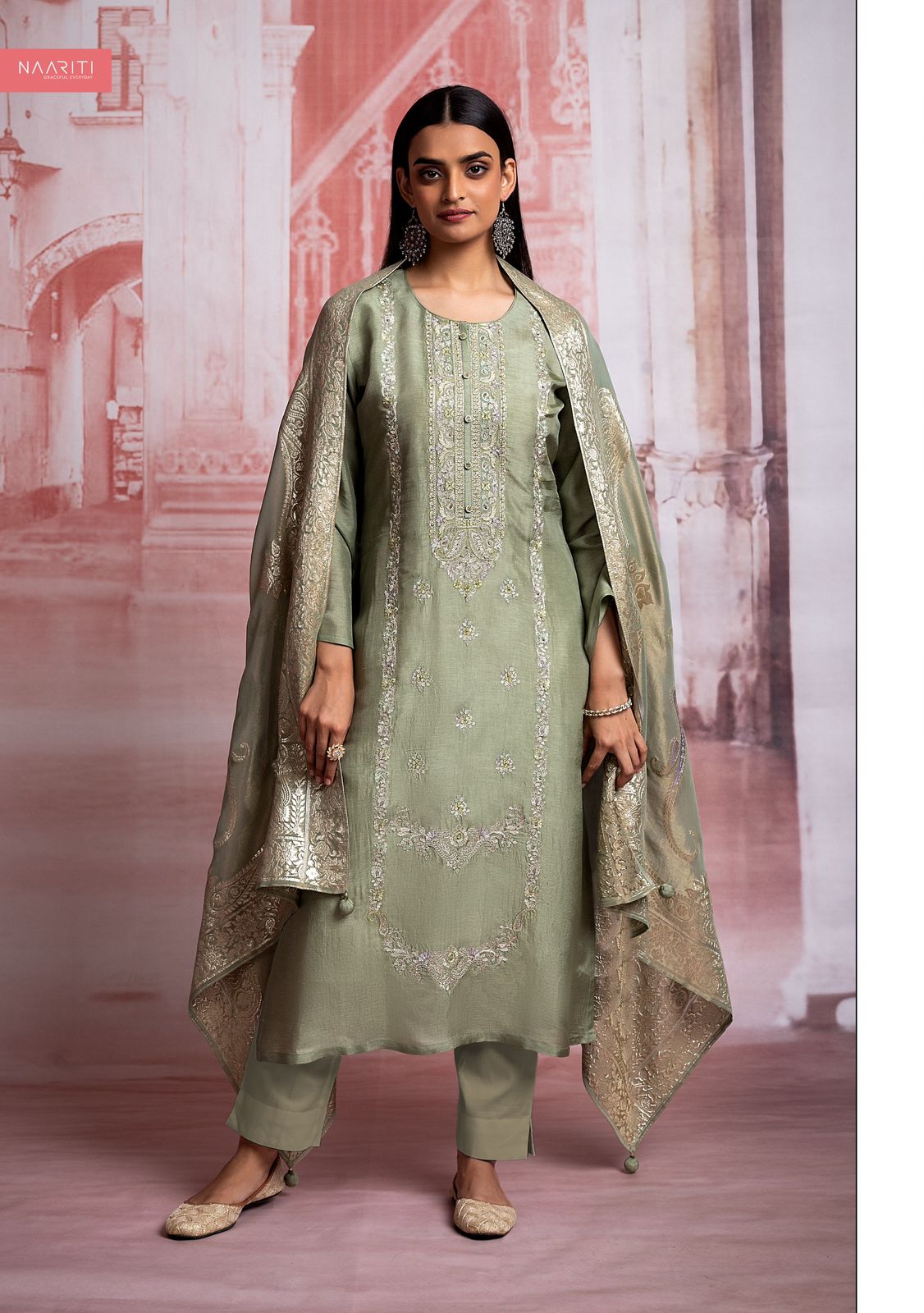 Embroidered Solid Silk Suit