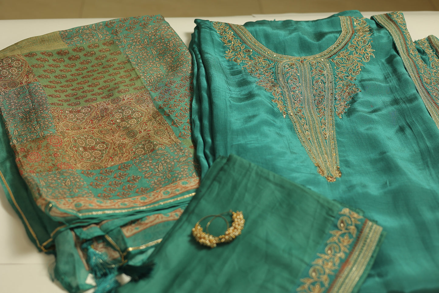 Daisy Silk Suit with Embroidery & Organza Dupatta