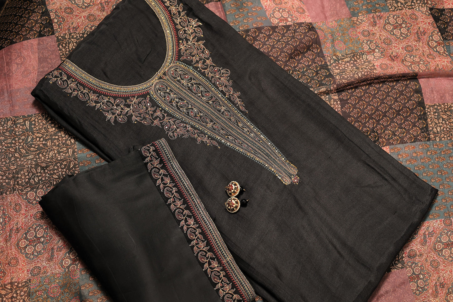 Black Daisy Silk Suit with Embroidery & Organza Dupatta