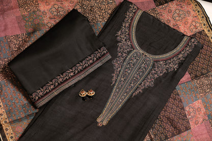 Black Daisy Silk Suit with Embroidery & Organza Dupatta