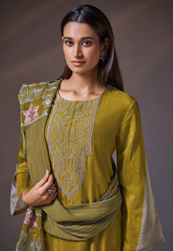 Daisy Silk Suit with Embroidery & Organza Dupatta